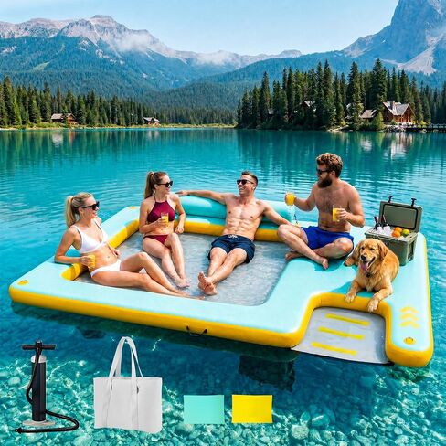 Inflatable Floating Dock with Water Hammock, 8FT/10FT Large Inflatable Water Platform w/Thickened Ramp for Dogs, Pool Floating Island for Lake, Boat, Beach, Pool in Saudi Arabia