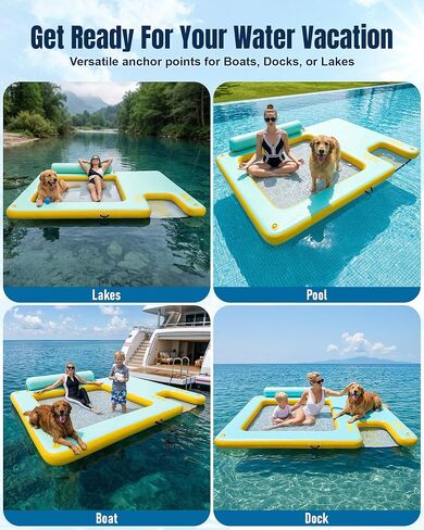 Inflatable Floating Dock with Water Hammock, 8FT/10FT Large Inflatable Water Platform w/Thickened Ramp for Dogs, Pool Floating Island for Lake, Boat, Beach, Pool in Saudi Arabia