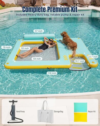 Inflatable Floating Dock with Water Hammock, 8FT/10FT Large Inflatable Water Platform w/Thickened Ramp for Dogs, Pool Floating Island for Lake, Boat, Beach, Pool in Saudi Arabia