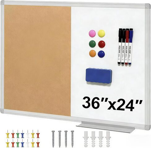 Cork Board White Board Combo, 36" X 24" Magnetic Whiteboard Bulletin Combination Board, Aluminum Frame Vision Board with Dry Erase Markers, Magnets, Eraser and Push Pins for Office, Home & School in Saudi Arabia