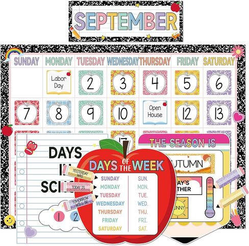 Composition Classroom Calendar Chart Pencil Apple Composition School Calendar Bulletin Board Seasons Weather Months of the Year Bulletin Board Set for School Decoration with Hook and Loop Dot Stickers in Saudi Arabia
