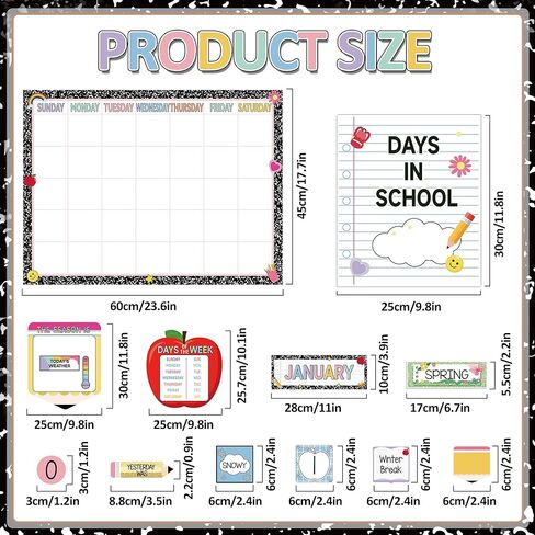 Composition Classroom Calendar Chart Pencil Apple Composition School Calendar Bulletin Board Seasons Weather Months of the Year Bulletin Board Set for School Decoration with Hook and Loop Dot Stickers in Saudi Arabia