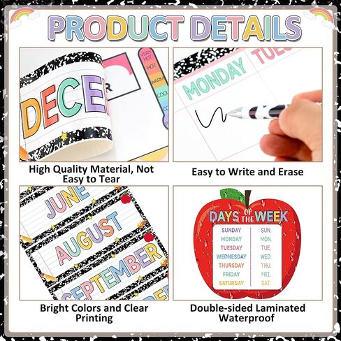Composition Classroom Calendar Chart Pencil Apple Composition School Calendar Bulletin Board Seasons Weather Months of the Year Bulletin Board Set for School Decoration with Hook and Loop Dot Stickers in Saudi Arabia