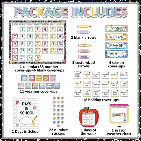 Composition Classroom Calendar Chart Pencil Apple Composition School Calendar Bulletin Board Seasons Weather Months of the Year Bulletin Board Set for School Decoration with Hook and Loop Dot Stickers in Saudi Arabia
