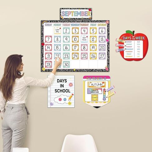 Composition Classroom Calendar Chart Pencil Apple Composition School Calendar Bulletin Board Seasons Weather Months of the Year Bulletin Board Set for School Decoration with Hook and Loop Dot Stickers in Saudi Arabia