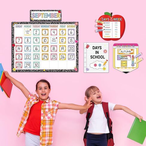 Composition Classroom Calendar Chart Pencil Apple Composition School Calendar Bulletin Board Seasons Weather Months of the Year Bulletin Board Set for School Decoration with Hook and Loop Dot Stickers in Saudi Arabia