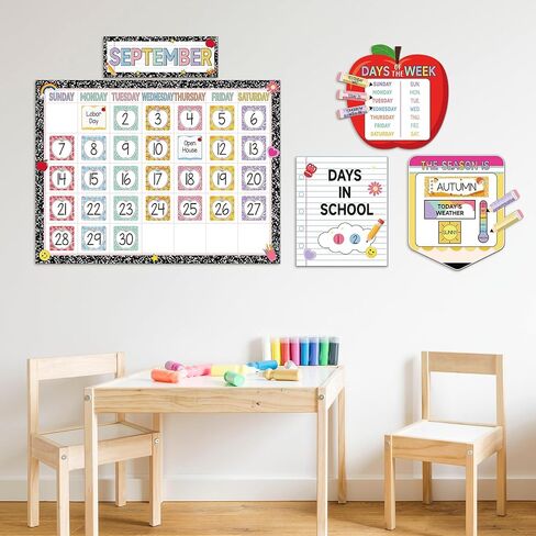 Composition Classroom Calendar Chart Pencil Apple Composition School Calendar Bulletin Board Seasons Weather Months of the Year Bulletin Board Set for School Decoration with Hook and Loop Dot Stickers in Saudi Arabia