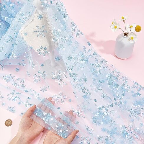 MAYJOYDIY 2.2 Yard Blue Snowflake Tulle Fabric 59~63inch Sheer Organza Fabric with Sequin Snowflake Pattern for Garment Accessorie, Veils Dress, Curtain Home Christmas Decorations in Kuwait