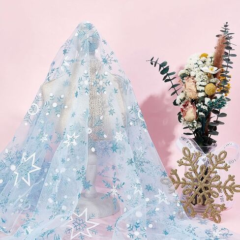 MAYJOYDIY 2.2 Yard Blue Snowflake Tulle Fabric 59~63inch Sheer Organza Fabric with Sequin Snowflake Pattern for Garment Accessorie, Veils Dress, Curtain Home Christmas Decorations in Kuwait