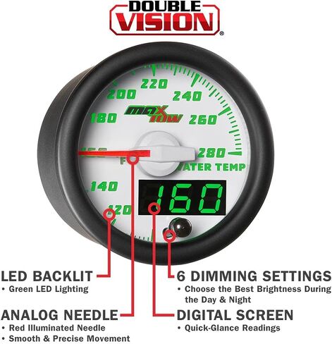 مجموعة قياس درجة حرارة سائل تبريد المياه MaxTow Double Vision 280 F - تتضمن مستشعرًا إلكترونيًا - وجه مقياس أبيض - قرص مضيء LED أخضر - قراءات تناظرية ورقمية - للشاحنات - 2-1/16 بوصة 52 مم in Kuwait