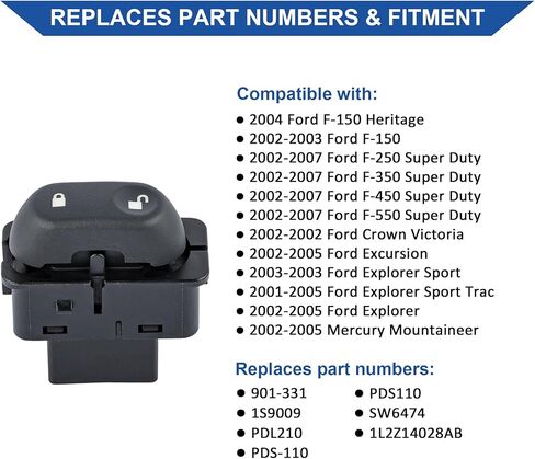 مفتاح قفل باب الطاقة من Obaee متوافق مع 2001-2007 Ford F-150 F-250 F-350 F-450 F-550 Super Duty Crown Victoria Excursion Explorer Mercury Mountaineer، استبدل OEM 1L2Z14028AB in Kuwait