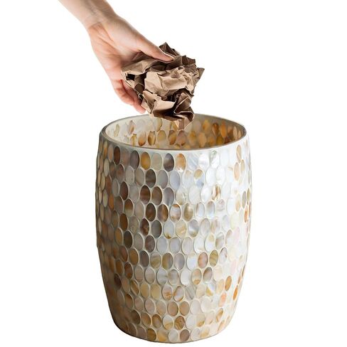 Escenzy Natural Shell Bathroom Trash Can Mosaic Glass 5L | Decorative Small Garbage Can | 7" x 10" | Luxury Waste Basket for Restroom, Office, Bedroom & Kitchen | Shiny Glass Bathroom Accessories in Saudi Arabia