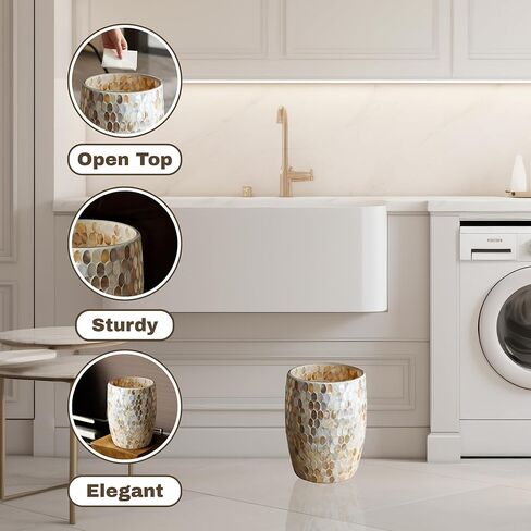 Escenzy Natural Shell Bathroom Trash Can Mosaic Glass 5L | Decorative Small Garbage Can | 7" x 10" | Luxury Waste Basket for Restroom, Office, Bedroom & Kitchen | Shiny Glass Bathroom Accessories in Saudi Arabia