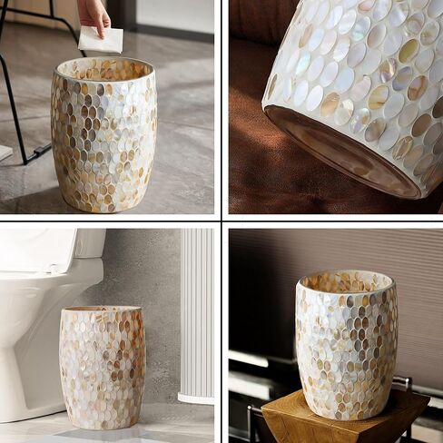 Escenzy Natural Shell Bathroom Trash Can Mosaic Glass 5L | Decorative Small Garbage Can | 7" x 10" | Luxury Waste Basket for Restroom, Office, Bedroom & Kitchen | Shiny Glass Bathroom Accessories in Saudi Arabia