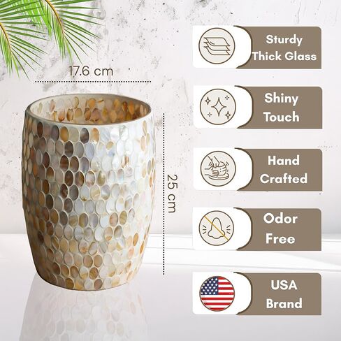 Escenzy Natural Shell Bathroom Trash Can Mosaic Glass 5L | Decorative Small Garbage Can | 7" x 10" | Luxury Waste Basket for Restroom, Office, Bedroom & Kitchen | Shiny Glass Bathroom Accessories in Saudi Arabia