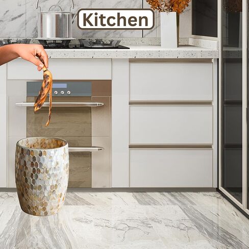 Escenzy Natural Shell Bathroom Trash Can Mosaic Glass 5L | Decorative Small Garbage Can | 7" x 10" | Luxury Waste Basket for Restroom, Office, Bedroom & Kitchen | Shiny Glass Bathroom Accessories in Saudi Arabia