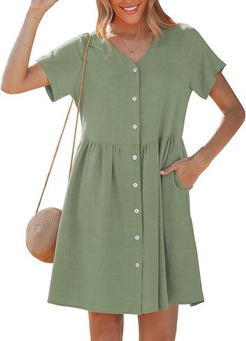 GRAPENT Linen Dresses for Women Casual Summer Babydoll Button Down Short Sleeve V Neck Above Knee Dress with Pockets in Saudi Arabia