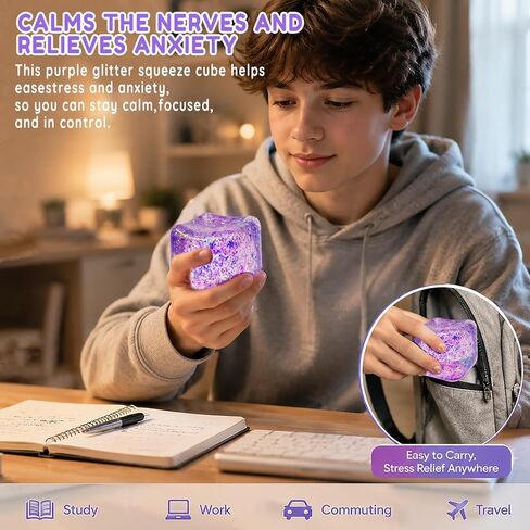 Glitter Nice Cube Squishy Fidget Toys,Stress Sensory Purple ice Cube Squeeze Toy for Adults - Large 2" Cube in Saudi Arabia