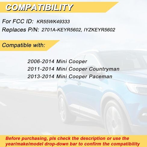 استبدال Vurkcy Key Fob لـ 2006-2014 Mini Cooper/ 11-14 Cooper Countryman/ 13-14 Cooper Paceman Car التحكم عن بعد للدخول بدون مفتاح، KR55WK49333، 3 أزرار in Kuwait
