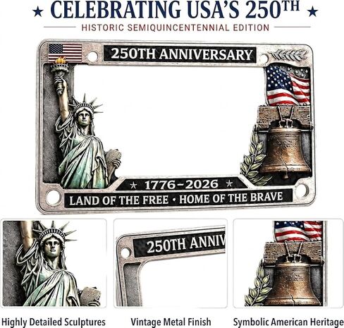 250th Anniversary License Plate Frame, Heavy Duty Metal 1776 2026 American Flag License Plate Cover, Statue of Liberty Liberty Bell Car Decor for Standard US Auto (Statue of Liberty) in Saudi Arabia