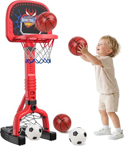 PJG Toddler Basketball Hoop & Soccer Goal Ages 1 2 3 4 5, Adjustable Indoor Basketball Hoop for Kids 1-3 3-5, Spider Toys Baby Mini Basketball Hoops with 4 Balls for Boys Girls Birthday Gift (Red) in Saudi Arabia