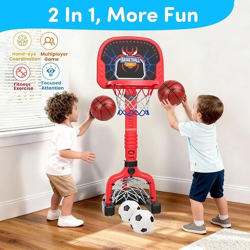 PJG Toddler Basketball Hoop & Soccer Goal Ages 1 2 3 4 5, Adjustable Indoor Basketball Hoop for Kids 1-3 3-5, Spider Toys Baby Mini Basketball Hoops with 4 Balls for Boys Girls Birthday Gift (Red) in Saudi Arabia