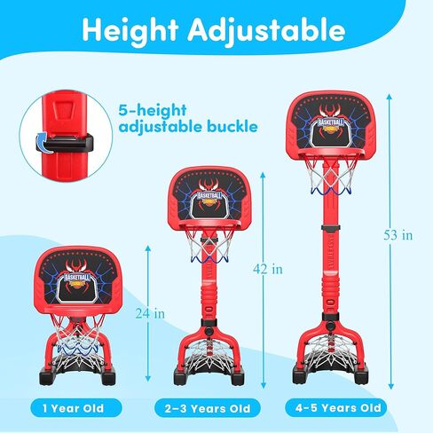 PJG Toddler Basketball Hoop & Soccer Goal Ages 1 2 3 4 5, Adjustable Indoor Basketball Hoop for Kids 1-3 3-5, Spider Toys Baby Mini Basketball Hoops with 4 Balls for Boys Girls Birthday Gift (Red) in Saudi Arabia