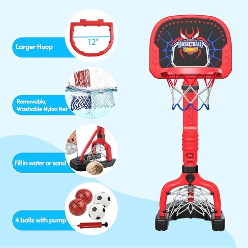 PJG Toddler Basketball Hoop & Soccer Goal Ages 1 2 3 4 5, Adjustable Indoor Basketball Hoop for Kids 1-3 3-5, Spider Toys Baby Mini Basketball Hoops with 4 Balls for Boys Girls Birthday Gift (Red) in Saudi Arabia