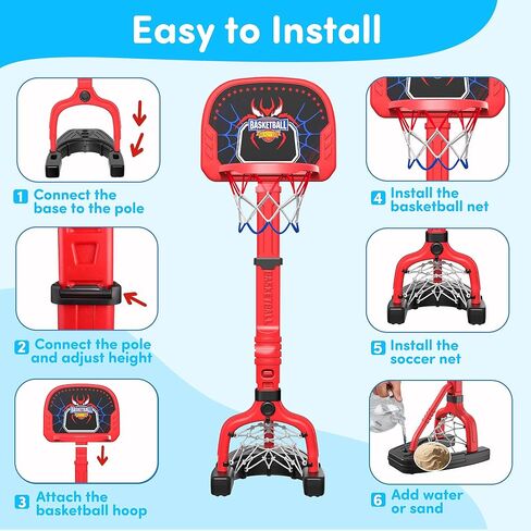 PJG Toddler Basketball Hoop & Soccer Goal Ages 1 2 3 4 5, Adjustable Indoor Basketball Hoop for Kids 1-3 3-5, Spider Toys Baby Mini Basketball Hoops with 4 Balls for Boys Girls Birthday Gift (Red) in Saudi Arabia
