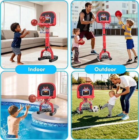 PJG Toddler Basketball Hoop & Soccer Goal Ages 1 2 3 4 5, Adjustable Indoor Basketball Hoop for Kids 1-3 3-5, Spider Toys Baby Mini Basketball Hoops with 4 Balls for Boys Girls Birthday Gift (Red) in Saudi Arabia
