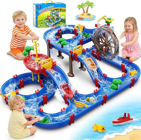 VATOS 2-Tier Watermill Summer Water Table, 124 PCS DIY Water Table with Water Pump Toys for Toddlers 3-5 4-7 Years Old, Fun Water Playset Outdoor Water Summer Toys for Backyard, Beach, Balcony, Garden in Saudi Arabia