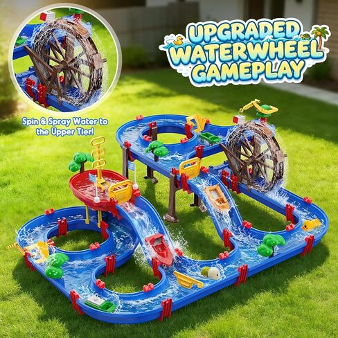 VATOS 2-Tier Watermill Summer Water Table, 124 PCS DIY Water Table with Water Pump Toys for Toddlers 3-5 4-7 Years Old, Fun Water Playset Outdoor Water Summer Toys for Backyard, Beach, Balcony, Garden in Saudi Arabia