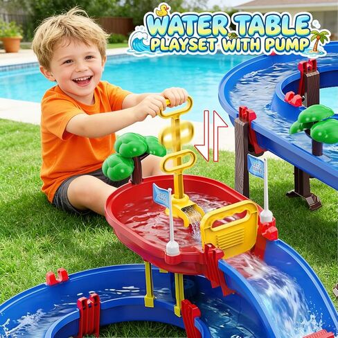 VATOS 2-Tier Watermill Summer Water Table, 124 PCS DIY Water Table with Water Pump Toys for Toddlers 3-5 4-7 Years Old, Fun Water Playset Outdoor Water Summer Toys for Backyard, Beach, Balcony, Garden in Saudi Arabia