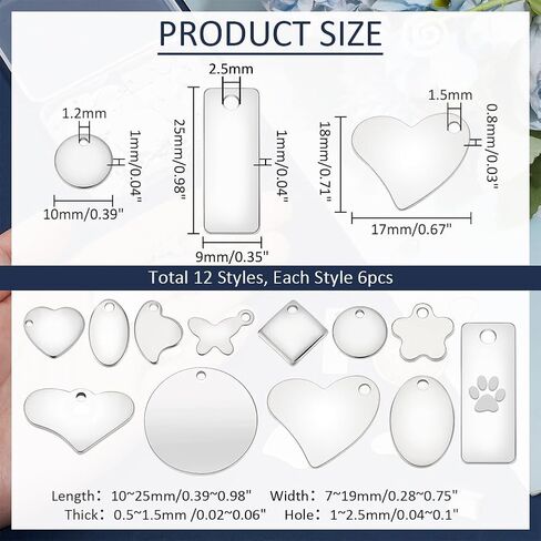PH PandaHall 72pcs 304 Stainless Steel Stamping Charms 12 Style Stamping Tag Pendants, Metal Keychain Blanks Tags Heart Round Stamping Tag for Bracelet Necklace Jewelry Making DIY Craft Gift in Kuwait