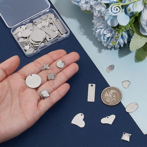 PH PandaHall 72pcs 304 Stainless Steel Stamping Charms 12 Style Stamping Tag Pendants, Metal Keychain Blanks Tags Heart Round Stamping Tag for Bracelet Necklace Jewelry Making DIY Craft Gift in Kuwait