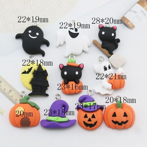 24Pcs Halloween Pumpkin DIY Charms Resin Ghost Pumpkin Witch Hat Black Cat shape Charms Pendants for Jewelry Making Charms Necklace Bracelet Earrings Accessories in Saudi Arabia