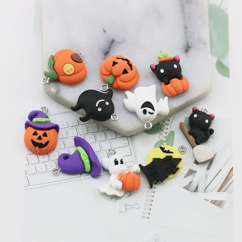 24Pcs Halloween Pumpkin DIY Charms Resin Ghost Pumpkin Witch Hat Black Cat shape Charms Pendants for Jewelry Making Charms Necklace Bracelet Earrings Accessories in Saudi Arabia