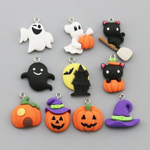 24Pcs Halloween Pumpkin DIY Charms Resin Ghost Pumpkin Witch Hat Black Cat shape Charms Pendants for Jewelry Making Charms Necklace Bracelet Earrings Accessories in Saudi Arabia