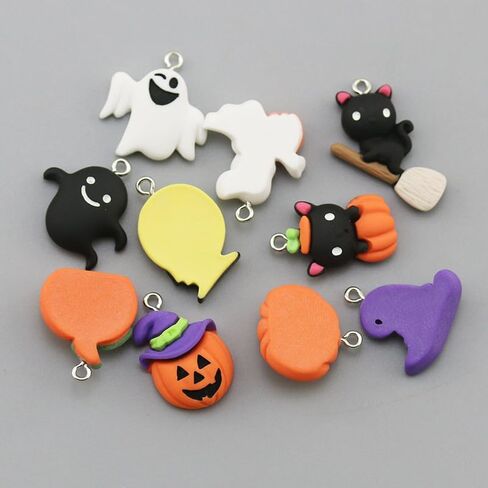 24Pcs Halloween Pumpkin DIY Charms Resin Ghost Pumpkin Witch Hat Black Cat shape Charms Pendants for Jewelry Making Charms Necklace Bracelet Earrings Accessories in Saudi Arabia