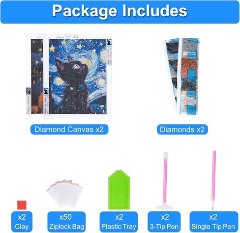 Chailotey Cat Diamond Art Painting Kits for Adults, 2 Pack Starry Night 5d Diamond Painting for Beginners, Full Drill Round Diamond Art Crafts with Animal for Home Wall Decor 12 x 16 Inch in Kuwait