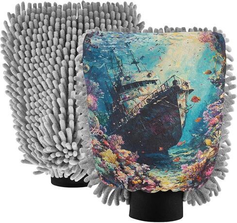 ALAZA Sunken Ship Coral in Sea Car Wash Mitt Scratch Free, 2 Pack Absorbent Microfiber/Chenille Washing & Drying Mitts, M in Saudi Arabia