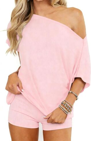 Ezbelle Women's Lounge Sets Two Piece Sexy Pajama Set Short Off Shoulder Pjs Batwing Going Out Summer Tops Vacation in Saudi Arabia