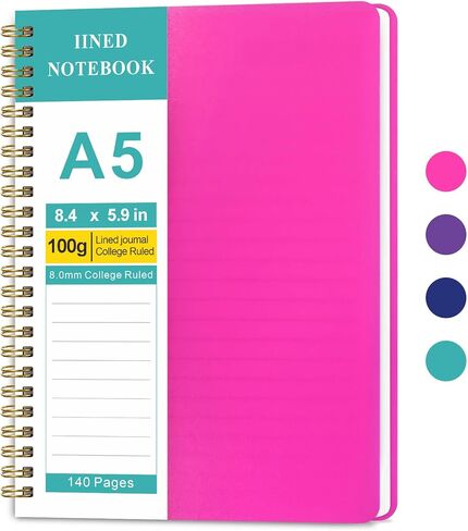 College Ruled Spiral Notebook, A5 Size 8.4x5.9 Inch, 140 Pages with 100GSM Thick Paper, Twin-Wire Bound Soft Cover Journal for School, Work, Writing, Note Taking (Pink) in Kuwait