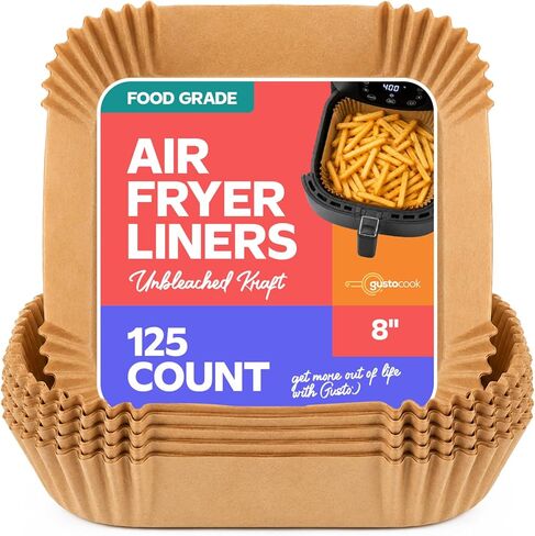 GUSTO [125 Count] 8 Inch Square Air Fryer Liners Disposable - Non-Stick Parchment Paper Liners, Waterproof, Oil-Resistant - Kraft (Formerly Comfy Package) in Kuwait