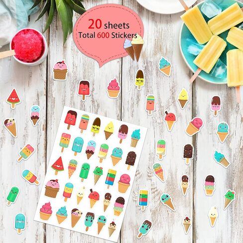Lucleag 600 PCS Ice Cream Sticker for Crafts, Cute Summer Ice Cream Stickers Ice Pop Stickers for Envelope Seals DIY Crafts Teachers Reward Summer Holiday Candy Greeting Cards Party Decor in Kuwait