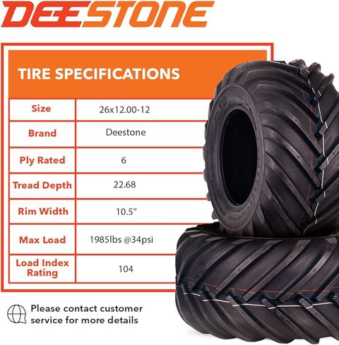 Deestone 26x12.00-12 D405 Tractor Tire – 104A3 26x12x12 – 6 Ply T/L – Durable Farm Tire Tire/Keychain Package in Kuwait