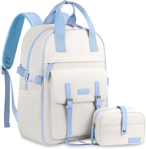 MOSISO Travel Backpack for Women, 15.6 inch Laptop Backpack, Airline Approved Carry On Luggage with 1 Cube, Lightweight Personal Item Bag for Commute Weekender College Business, Beige&Blue in Saudi Arabia