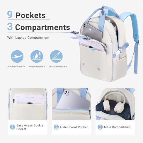 MOSISO Travel Backpack for Women, 15.6 inch Laptop Backpack, Airline Approved Carry On Luggage with 1 Cube, Lightweight Personal Item Bag for Commute Weekender College Business, Beige&Blue in Saudi Arabia