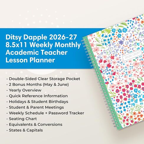 بلو سكاي 2026-2027 تقويم دروس المعلم الأسبوعي والشهري للعام الدراسي، يوليو 2026 - يونيو 2027، 8.5 × 11 بوصة، غطاء جيب شفاف، سلكي، علامات تبويب مغلفة، جيب تخزين، ضوء Ditsy Dapple in Kuwait