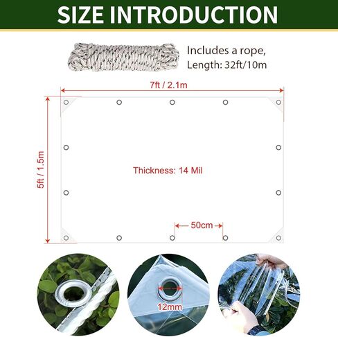 قماش القنب الشفاف المقاوم للماء مقاس 5 × 7 أقدام، غطاء من القماش المشمع الفينيل PVC الشفاف شديد التحمل مع حلقات، مضاد للتمزق مقاوم للماء للتخييم في الفناء في الهواء الطلق، قماش القنب الشفاف من الفينيل in Saudi Arabia